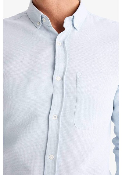 DeFacto Slim Fit Dar Kesim Düğmeli Dokulu Düz Pamuk Karışımlı Uzun Kollu Gömlek T2066AZ24AUBE723