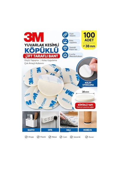 100 Adet 38 Mm Yuvarlak Köpüklü Çift Taraflı Bant Güçlü Yapışkanlı 38 MM x 5 M