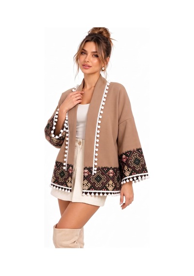 Saade Camel Etnik Desenli Ponpon Detaylı Kaşe Ceket