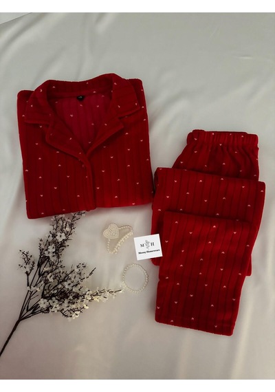 Mh Moony Homewears 2'li Kırmızı Kalpli Kışlık Termal Polar Sevgililer Günü Hediyesi Pijama Takımı Kırmızı