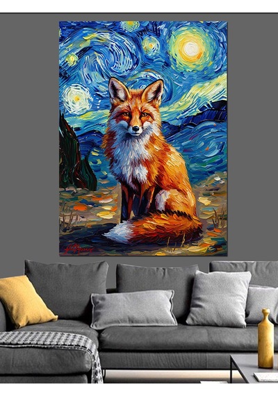 Ahşap Tablo Van Gogh Tarzında Tilki Portresi