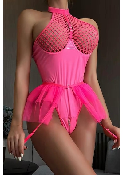 Bikini Mayokini Dünyası Etekli Latex Bodysuit - Neon-pembe