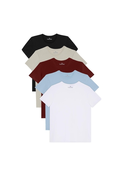 Tudors Unisex 5li Pkt Siyah-beyaz-bordo-çağla-açık Mavi Slim Fit Dar Kesim %100 Pamuk Bisiklet Yaka Tişört-36952 Multi
