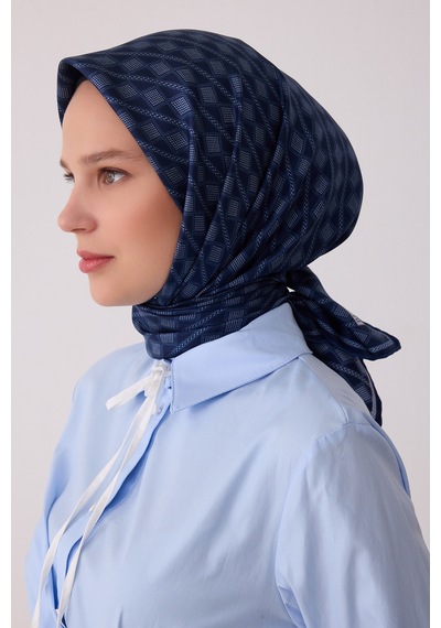 Belli Geometrik Desen %100 Twill İpek Eşarp Be25 Lacivert