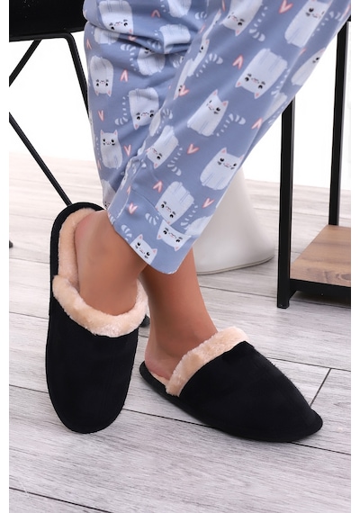 Wordex U050 Unisex Kışlık Ev İçi Terliği Kürklü Yünlü Terlik Siyah