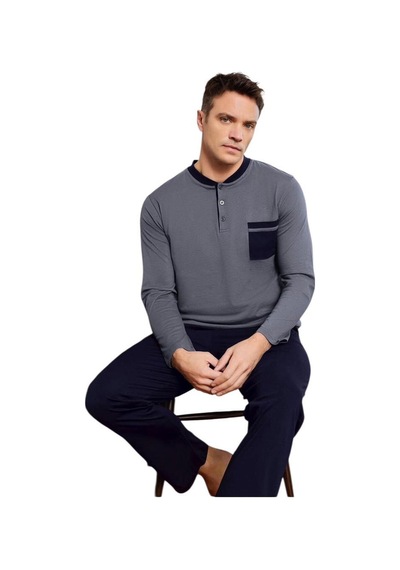 Pijamoni Erkek %100 Pamuk Penye Mevsimlik Uzun Kollu Pijama Takımı 6840 Füme