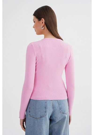 Mixray 6931 Kadın Düğmeli Fitilli Triko Hırka Pembe