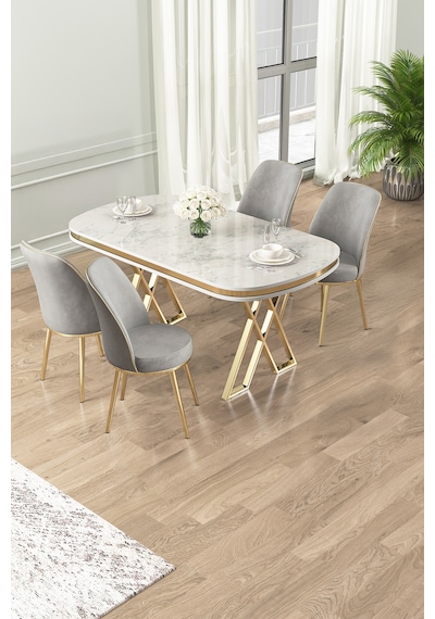 Canisa Lai Serisi 90x168 Lak Panel Beyaz Mermer Desen Masa Ve 4 Gri Sandalye Gold Kaplama Ayak Beyaz Mermer Desen Masa Gri Sandalye Ayaklar Gold