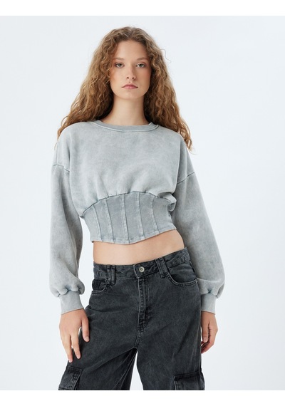 Koton Crop Sweat Korse Detaylı Bisiklet Yaka Yıkamalı Slim Fit Gri 5wal10177ık Gri