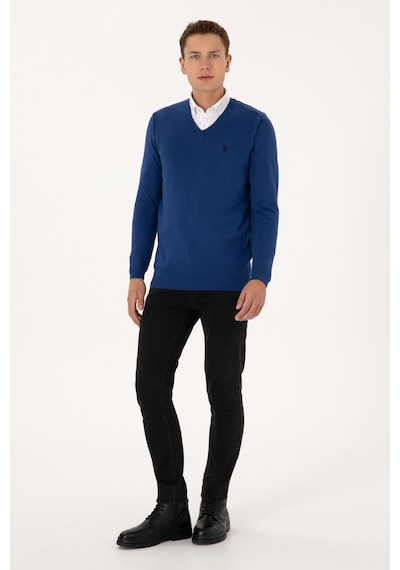 U.S. Polo Assn. Erkek Slim Fit V Yaka İndigo Basic Triko Kazak 50313662-VR028