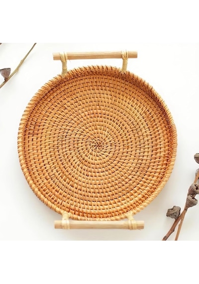 Rattan Kulplu Yuvarlak Tepsi Organizer & Dekoratif Mutfak, Banyo Ve Makyaj Sunum Tepsisi