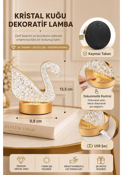 Kristal Led Masa Lambası 3 Renk Işıklı Kuğu Kristal Diğer