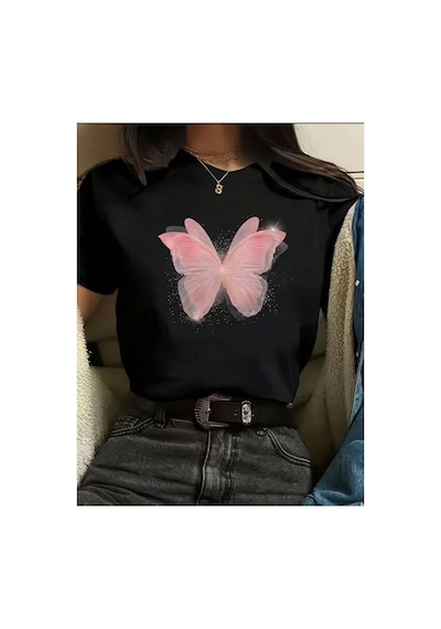 Pembe Kelebek Desenli Baskılı Kompakt T-shirt Siyah