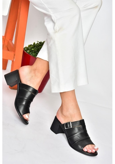 Fox Shoes P555450903 Siyah Hakiki Deri Kalın Topuklu Günlük Kadın Terlik