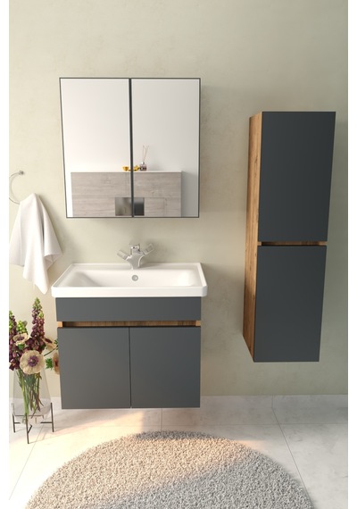 Tokyo 65 Cm Havlu Dolaplı Aynalı Banyo Dolabı Takımı Seramik Lavabolu Mdf Gövde Antrasit Gri - Atlantik Çam Tokyo 65 Cm Havlu Dolaplı Aynalı Banyo Dolabı Takımı Seramik Lavabolu Mdf Gövde Antrasit Gri - Atlantik Çam