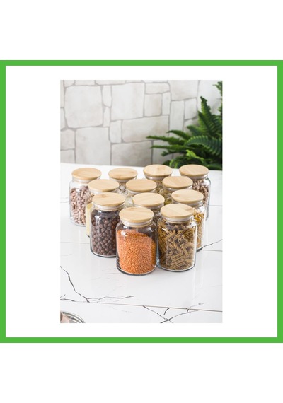 Vaveni 12 Lü Set Bambu Kapaklı Cam Kavanoz & Erzak Saklama Kabı 800 Ml Orta Boy Vakum Kapak Arz Çok Renkli