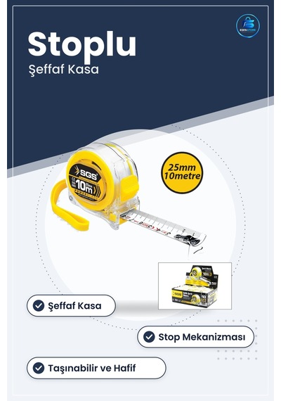 Şeffaf Kasalı Stoplu Şerit Metre 10 M 25 Mm Hırdavat Ev Tadilat M
