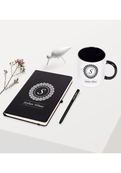 Kişiye Özel Siyah Defter Kalem Kupa Seti - 2 Siyah