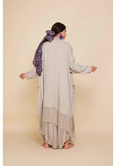 Bohem Stil Italyan Ipek Detaylı Oversize Kaftan & Bluz-8711 Krem