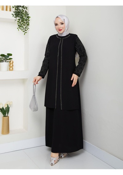 Eslemnur Kolları Taşlı Büyük Beden Anne Elbisesi Siyah