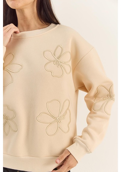 Shade Kadın Çiçek Eva Nakış Üç İplik Şardonlu Sweatshirt 60601046 - Bej