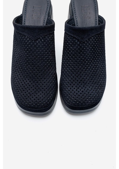 Luvishoes Dejas Lacivert Süet Hakiki Deri Delikli Kadın Kalın Topuklu Terlik