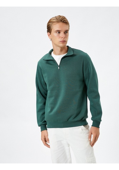 Koton Yarım Fermuarlı Sweatshirt Dik Yaka Uzun Kollu Şardonlu Haki 4wam70024mk Haki