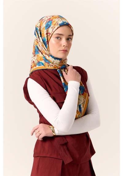 Silk Home Organik Pamuk İpek Eşarp Çilek Kırmızısı Gök Mavi Çiçek Desenli Tok Duruşlu 90x90 Çok Renkli