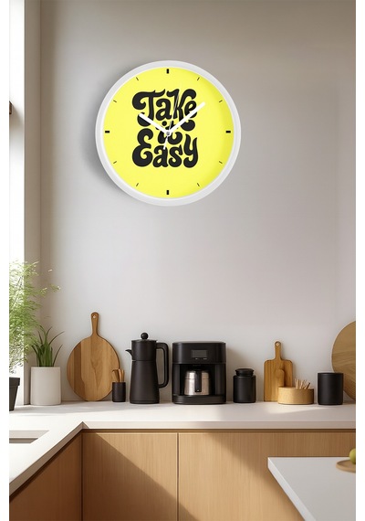 Modern Yazılı Tasarım - '' Take It Easy '' Duvar Saati - 42cm - Önü Camlı Beyaz Kasa Beyaz