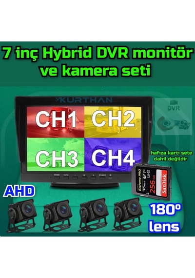 7'' Hybrid Dvr Ekran 4 Adet 180 Derece Balık Gözü Lens Geniş A...