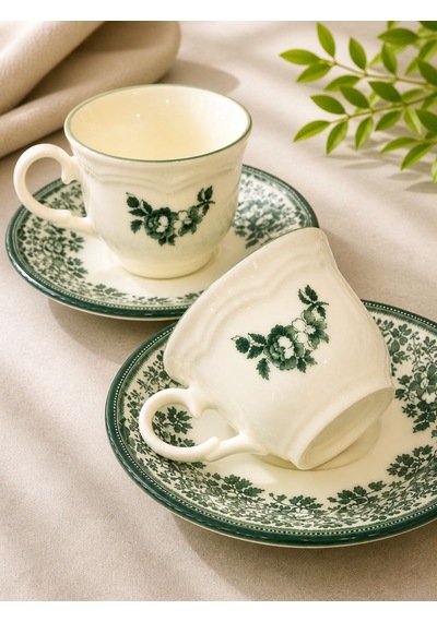 2 Kişilik Porselen Velour Green Çay Fincanı-5925 Yeşil