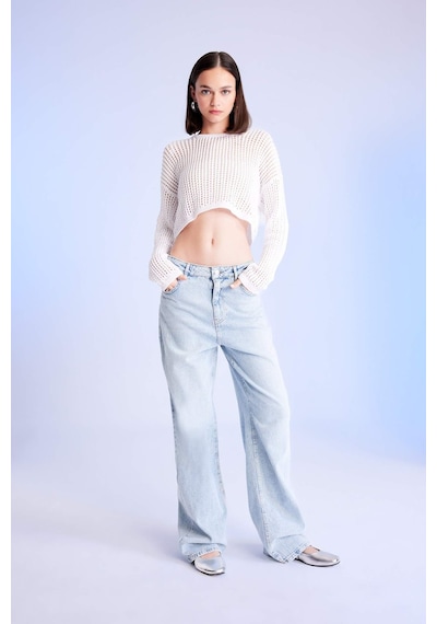 Defacto Regular Fit Bisiklet Yaka Kroşe Ajurlu Delikli Crop Triko Kazak T4513AZ24AUER103 Ekru