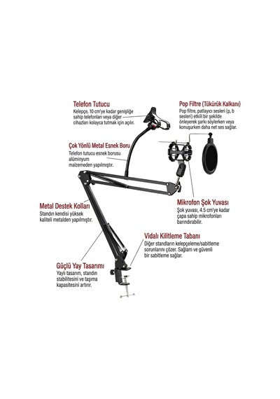 Nb39 Pro Masa Tipi Mikrofon Standı, Pop Filtre, 70 Cm