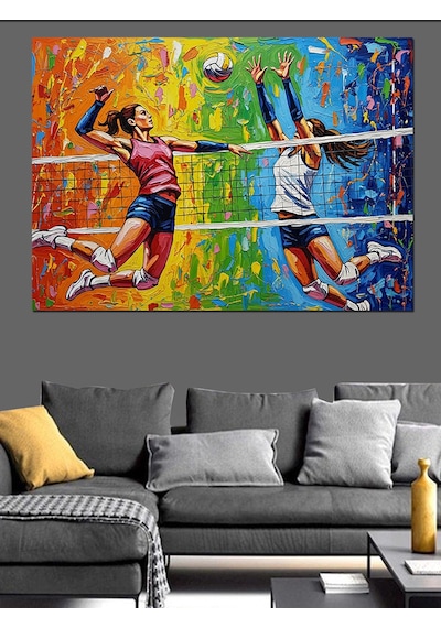 Kadınlar Voleybol Maçı Smaç Ve Blok Dekoratif Kanvas - Mdf Ahşap Tablo