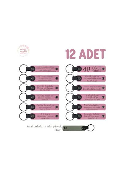 Pembe & Gri, Yıl Sonunda Öğretmene Veda Hediyesi 12'li Set Öğrenci İsimleri Yazılı Anahtarlık