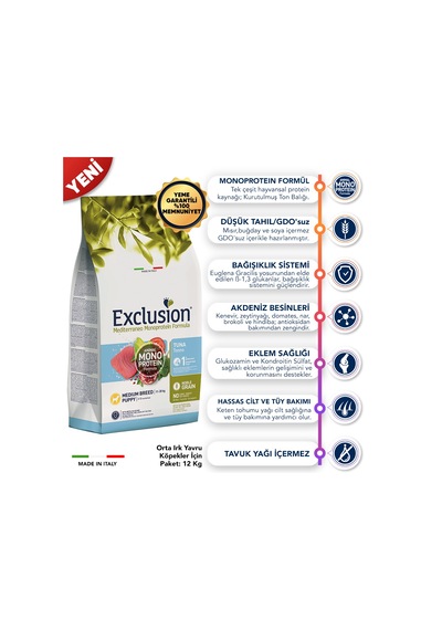 Exclusion Monoprotein Düşük Tahıllı Ton Balıklı ve Narlı Orta Irk Yavru Köpek Maması 12 KG