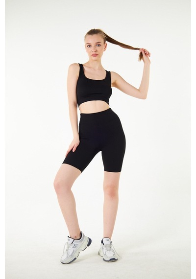 Thiff Gymwear Antrasit Yüksek Bel Toparlayıcı Kısa Şort Spor Fitilli Biker Tayt Siyah