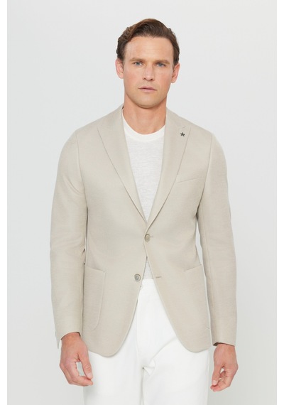 AC&Co / Altınyıldız Classics  Erkek Bej 360 Her Yöne Esneyen Pamuklu Slim Fit Kırlangıç Yaka Armürlü Blazer Ceket Bej