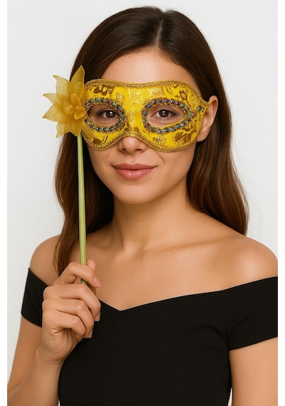 Go İthalat Lüks Taşlı Saplı Maskeli Balo Maskesi Altın Renk 35 Cm 18+