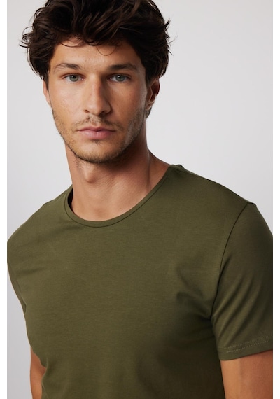 Tudors Slim Fit Bisiklet Yaka Düz Basıc Kısa Kol Haki T-Shirt-27718-Haki