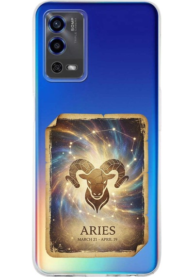 Oppo A55 İle Uyumlu Burç Kartları Koç Tasarımlı Şeffaf Silikon Kılıf Şeffaf