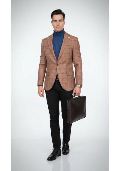 Plus Scorpion Ekoseli Slim Fit Erkek Blazer Ceket Şık Modern Tasarım, Tek Düğmeli Kiremit