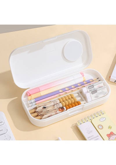 Sevimli Kawaii Figürlü Kalem Kutusu Çok Bölmeli Çift Katlı Büyük Kapasiteli Kalem Kutusu Sticker'lı Kalem Kutusu Sticker Yapıştırılabilir Kalemlik Sticker Kalemlik Beyaz
