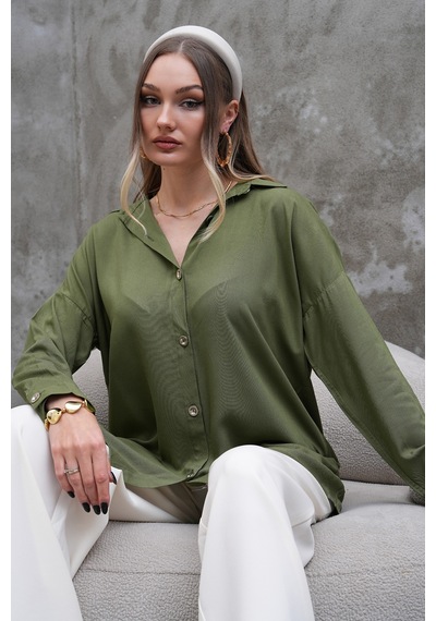 Polologin Butik Haki Yeşil Dökümlü Gömlek Haki