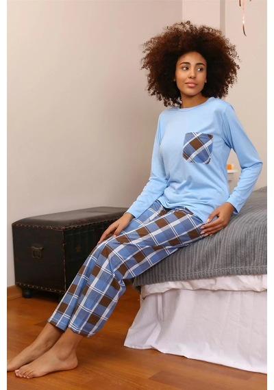 Kadın Uzun Kol Penye Pijama Takım Mavi Mavi