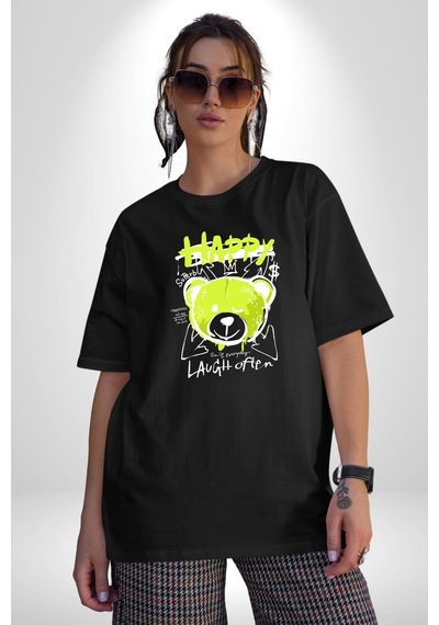 Sık Sık Mutlu Gülmek Teddy Bear Pamuklu Bisiklet Yaka Unisex Oversize Boyfriend Dijital Baskılı Siyah T-shirt Siyah