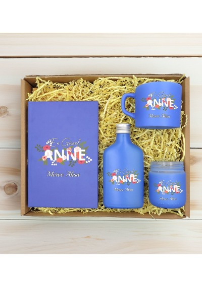 Bk Gift Kişiye Özel İsimli Dtf Anne Temalı Mavi Defter & Kahve Fincanı & Kolonya & Mum Hediye Seti-1, Anneye Hediye, Anneler Günü Hediyesi Kobitmeyenc