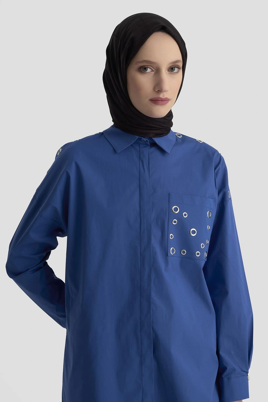 Armine Trend Gizli Düğmeli Kuşgözü Detaylı Gömlek Saks 25kt420 Saks