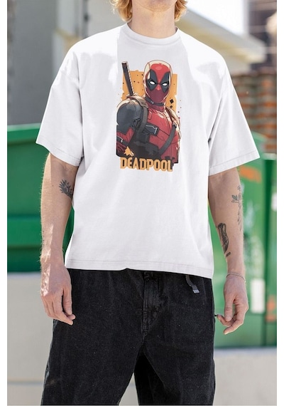 Film Kahramanı Deadpool Baskılı Unisex Oversize Marvel Tişört Beyaz