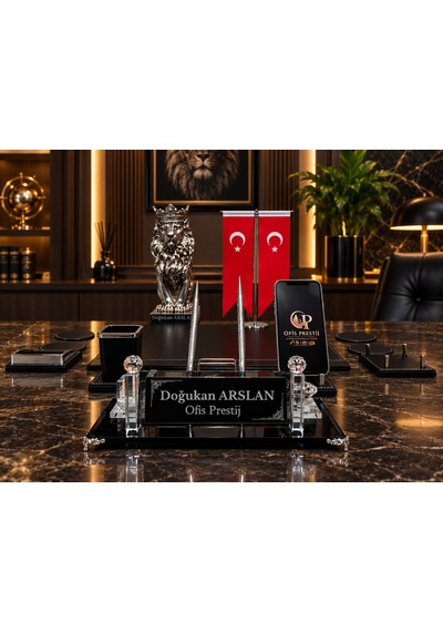 Ofis Prestiji 13 Parça Kristal İsimlikli Kişiye Özel Türk Bayraklı Premium Sümen Takımı Gümüş - Siyah